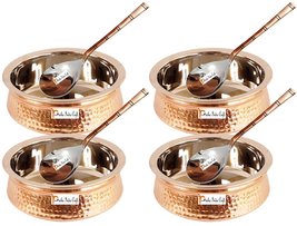 Set of 4 Prisha India Craft Handmade Steel Copper Casserole and Serving Spoon -  - £86.79 GBP