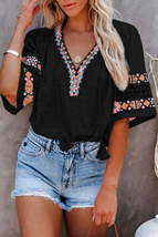 Black Boho Tassel Drawstring Cut Out Embroidered Blouse - £24.55 GBP+