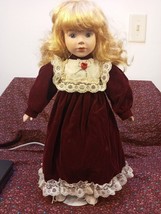 burgundy velvet dress porcelain doll blonde Hair &amp; Blue Eyes w stand 17in - £9.65 GBP