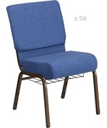 50x Blue 21&#39;&#39; Wide Church Chairs Copper Frame Book Rack 4” Seat Pad 800 ... - $4,199.89+