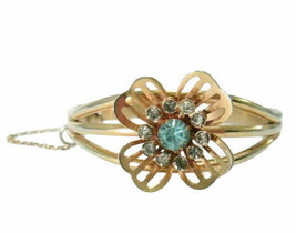Vtg Estate Find Hinged Flower Bracelet Gold Tone &amp; Aquamarine Colored St... - £19.66 GBP