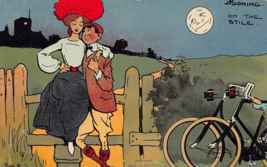 Comic Romance POSTCARD~BICYCLES-SPOONING On The Stile By MOONLIGHT-TOM Browne - £9.09 GBP