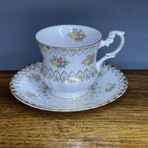 Rosina Fine Bone China Teacup &amp; Saucer Set Floral Gold White England - $35.75