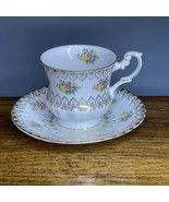 Rosina Fine Bone China Teacup &amp; Saucer Set Floral Gold White England - $35.75