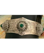 BOHEMIAN Tibetan Tribal Hinged Cuff Bracelet with Filigree Cone and Gree... - $38.40 CAD