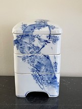 Vintage Chinese Three Tiered Lidded White Glazed Pottery Box with Blue Design - £232.85 GBP