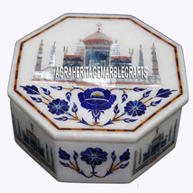 5&quot;x5&quot;x2&#39;&#39; White Marble Jewelry Box Lapis Floral Inlay Tajmahal Art Mosaic Gifts - £211.03 GBP