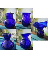 COBALT BLUE GLASS PITCHER JUG FREE FORM RIGAREE HANDKERCHIEF VASE RARE P... - €72,56 EUR