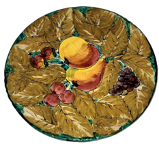 Majolica Italy 12&quot; Platter Italy Hand-Painted Fruit Golds Green MBD w/ Hanger - £19.51 GBP