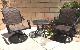 Outdoor bistro set 3 piece patio cast aluminum swivel rocker chairs end table. - £631.97 GBP