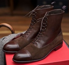 Handmade Long Boot Brown Color Cap Toe Lace Up Suede Leather Boot For Men - £117.83 GBP