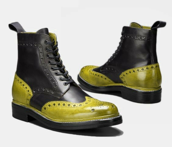 High Ankle Men Two Tone Black Yellow Brogues Toe Wing Tip Leather Boots BUS 7-16