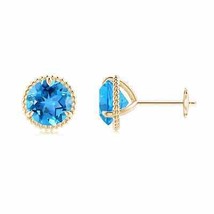 Natural Swiss Blue Topaz Solitaire Stud Earrings in 14K Gold (Grade-AAA , 7MM) - £551.96 GBP