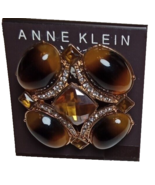 Anne Klein Tiger Eye Brown Tortoise Gold Tone Crystal Brooch Pin Nickle ... - $331.98 MXN