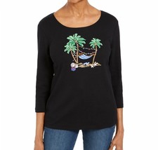 Karen Scott Womens Petite PM Black Holiday Island 3/4 Sleeve TShirt Top NWT X10 - £15.65 GBP