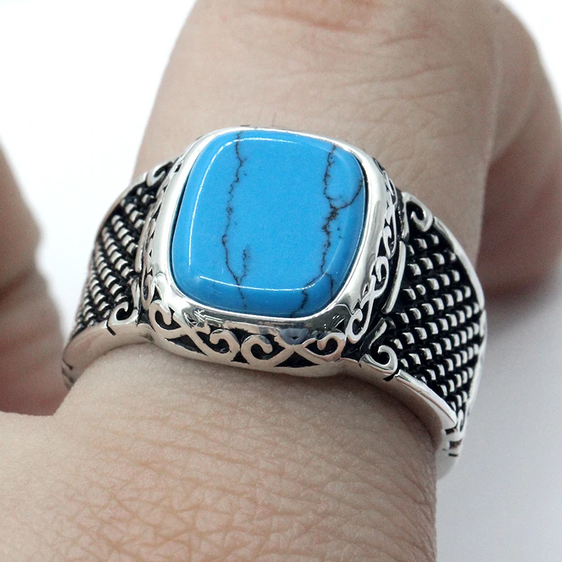 Turquoise Ring for Men 925 Sterling Silver Geometric Square Blue Stone Ring Vint - $55.37