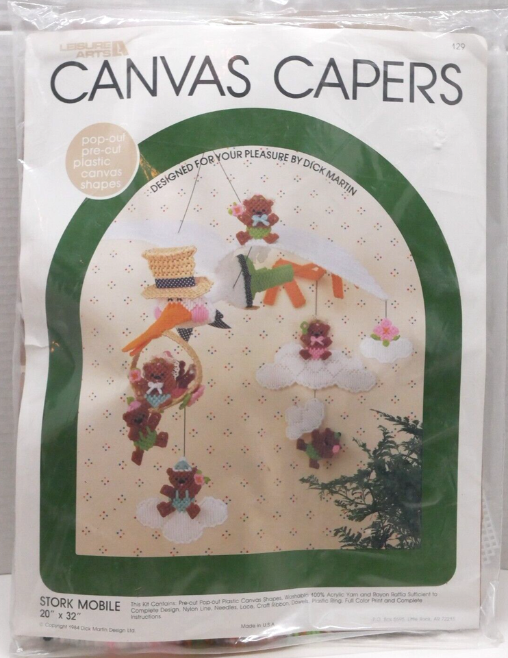 Primary image for Leisure Arts Canvas Capers Stork Mobile Plastic Canvas Kit for Baby's Room NOS