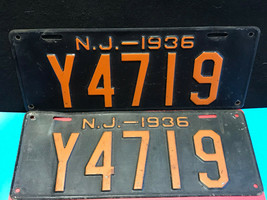 Vtg Metal NJ Y4719 Automobile/Automotive License Plates 1936 Black/Orang... - £158.45 GBP