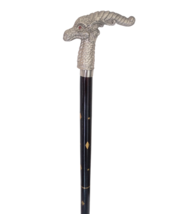Antique Black Engraved Wooden Walking Stick Cane with Silver Finish Drag... - £40.67 GBP