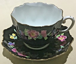 Paragon Tea Cup Black And White With Flowers And Gold Trim. (S-16) - £35.66 GBP