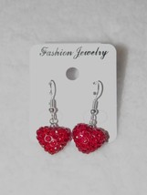 Valentine Red Hearts Silver Dangle Earrings Rhinestones - £9.47 GBP