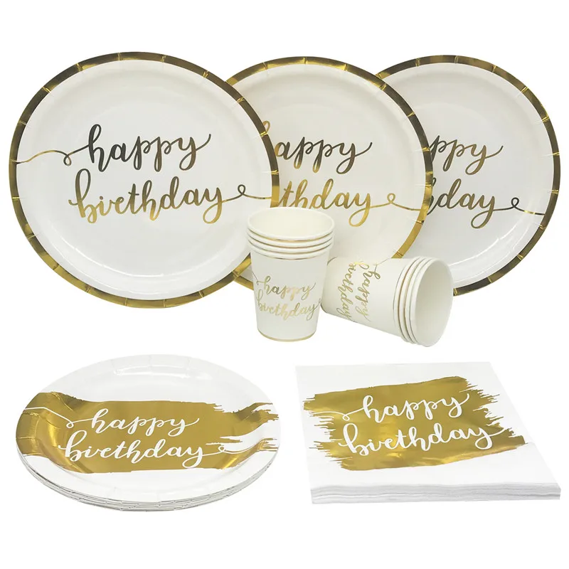 8Pcs Bronzing Happy Birthday Paper Plates Cups Napkins Disposable Tableware - $15.40+