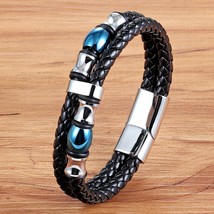 Geometrically Irregular Graphics Double Layers Stainless Steel Genuine Leather B - £15.12 GBP