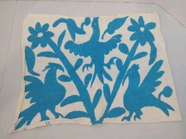 Otomi Hand Embroidered Placement Teal Yarn Bird Trio on Cream Backing 15... - £18.37 GBP