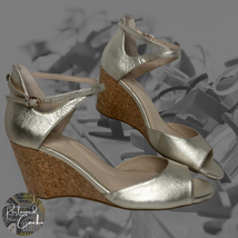 Cole Haan Womens Soft Gold Ankle Strap Wedge Cork Heels Open Toe Sandals Sz 10.5 - £66.84 GBP