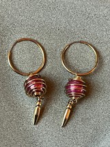 Thin Goldtone Hoop w Wound Wire Caged Pink Bead &amp; Barrel Bead Dangle Earrings fo - £10.43 GBP