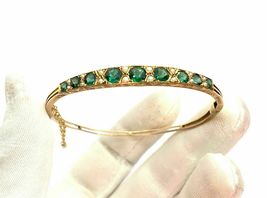 Antique Edwardian 14k Yellow Gold Over Green Emerald Pearl Bangle Bracelet 7.5Ct - £142.59 GBP