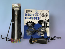 Lot of 3 Silly Gift Novelties - Nerd Glasses, Light Stick, LED Fan - $4.99