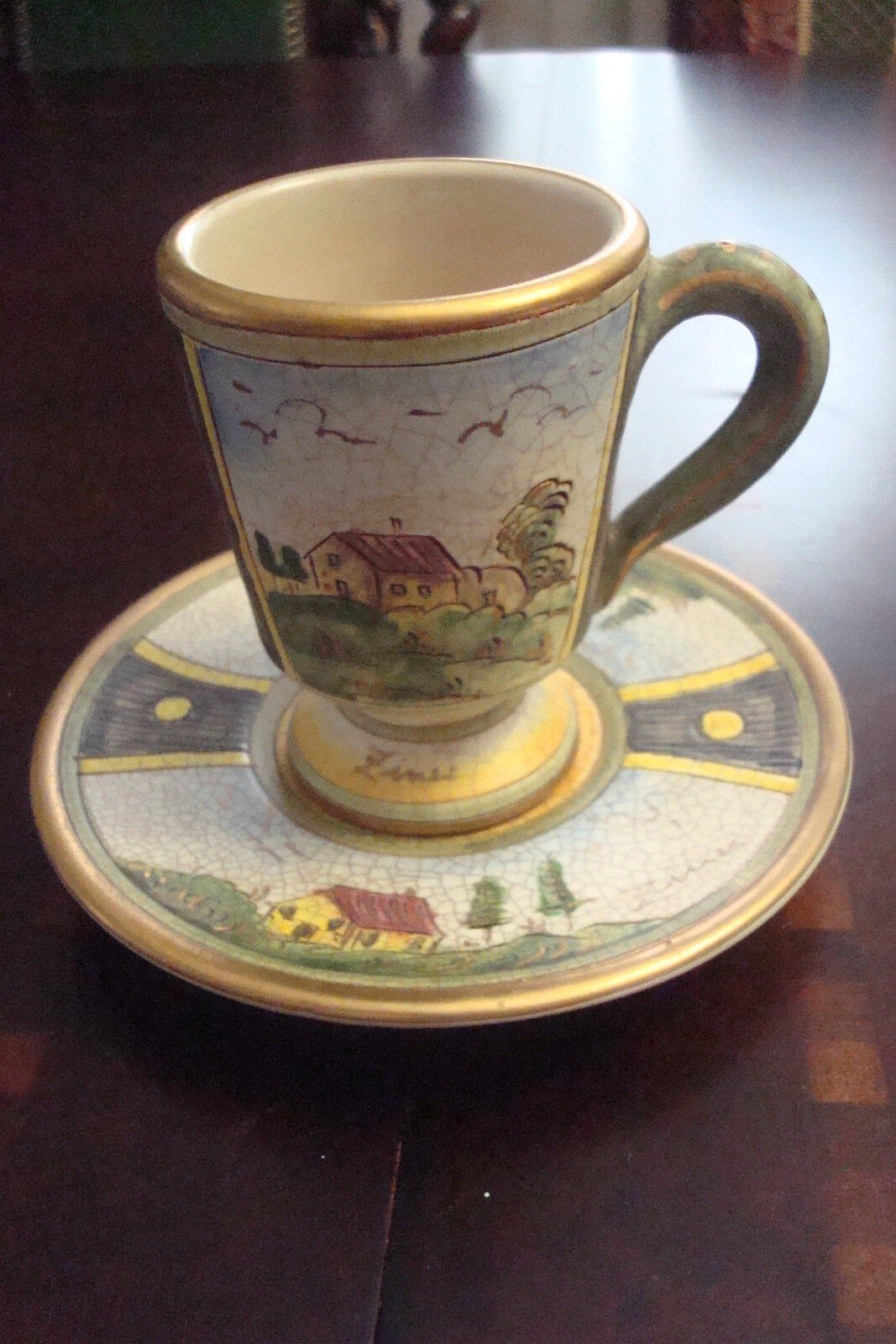 Veneto Flair cup &amp; saucer hand etched and painted in Italy, signed,c1980... - $38.60