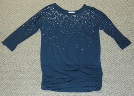 Womens Blouse Dressbarn Black Round Neck Beaded 3/4 Sleeve Gathered Sides Top-XL - £11.59 GBP