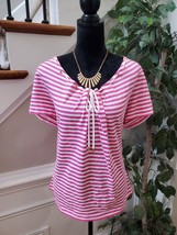 Liz Claiborne Womens White Pink Striped Round Neck Short Sleeve Top Blouse Sz XL - £21.92 GBP