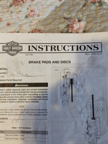 HARLEY DAVIDSON INSTRUCTION SHEET Brake Pads &amp; Discs. J0175. Kit#44082-00C - $3.95