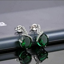 4Ct Oval Cut Green Emerald Halo Drop Dangle Earrings 14K White Gold Finish - £127.52 GBP