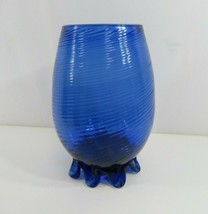 Blue Glass Vase Hand Blown Art VTG Swirled Pedastal Cobalt Murano MCM - £24.74 GBP