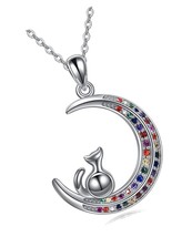 Cat Necklace 925 Sterling Sliver Moon Necklace Cute - £69.76 GBP