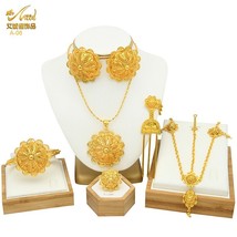 Ethiopian Bridal Jewelry Sets 24K Gold Plated Headwear Necklace Earrings Bracele - £43.24 GBP