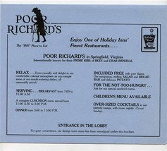 Poor Richards Menu Holiday Inn Springfield Virginia - £13.41 GBP