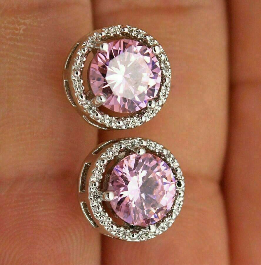 1.2Ct Simulated Round Cut Pink Sapphire & Diamond Earrings 14K White Gold Plated - £45.52 GBP