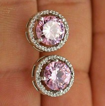 1.2Ct Simulated Round Cut Pink Sapphire &amp; Diamond Earrings 14K White Gold Plated - £45.49 GBP