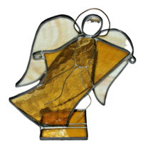 Golden Cream  Winged Stain Glass  Angel 8&quot; Tall on Matching Square Base - £6.39 GBP