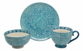 Aqua Blue Swirls Contemporary Designer Ceramic Dinnerware Bowl Mug Plate Set - £24.04 GBP