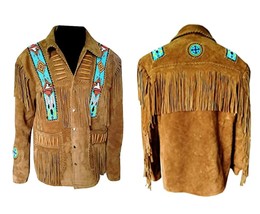 Mens Western Cowboy Brown Suede Leather Fringe Bones Beaded Jacket CBJ505 - £109.31 GBP+