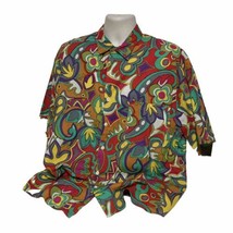 Vintage 90s Men&#39;s XL Retro Ugly Psychedelic Boho Hippie Button Shirt - £63.48 GBP
