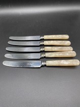 DeLuxe Cheese Knife x 5. Bakelite faux abalone handles, stainless steel VTG UK - £16.38 GBP