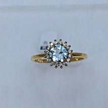 Women&#39;s Ring 14k Yellow Gold Solid Halo Sky Blue Topaz White Cubic Zirconia - £233.99 GBP