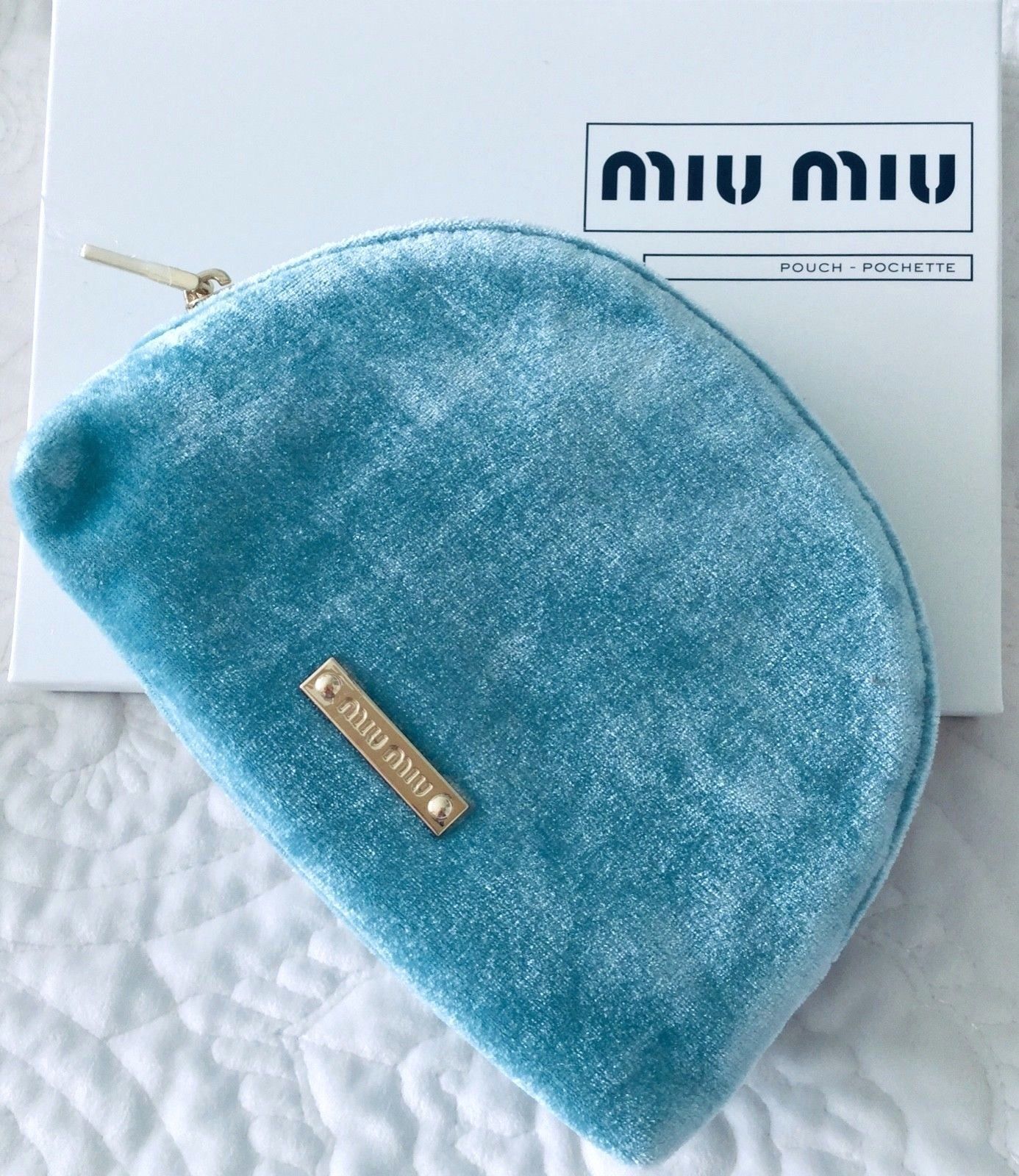 Primary image for NEW Genuine MIU MIU Teal Blue Modern Velvet Pouch Clutch Cosmetic Bag Authentic